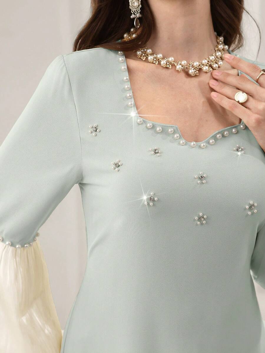 Yasmyna Elegant Beaded & Rhinestone Embellished Square Neck Lantern Sleeve Fitted Slit Hem Formal Dress - Multicolor - View 1