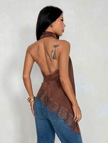 SHEIN PETITE Women's Lace Patchwork Halter Backless Sexy Versatile Top For Dates & Outings,Summer Top ,Petite Women - Coffee Brown - View 3