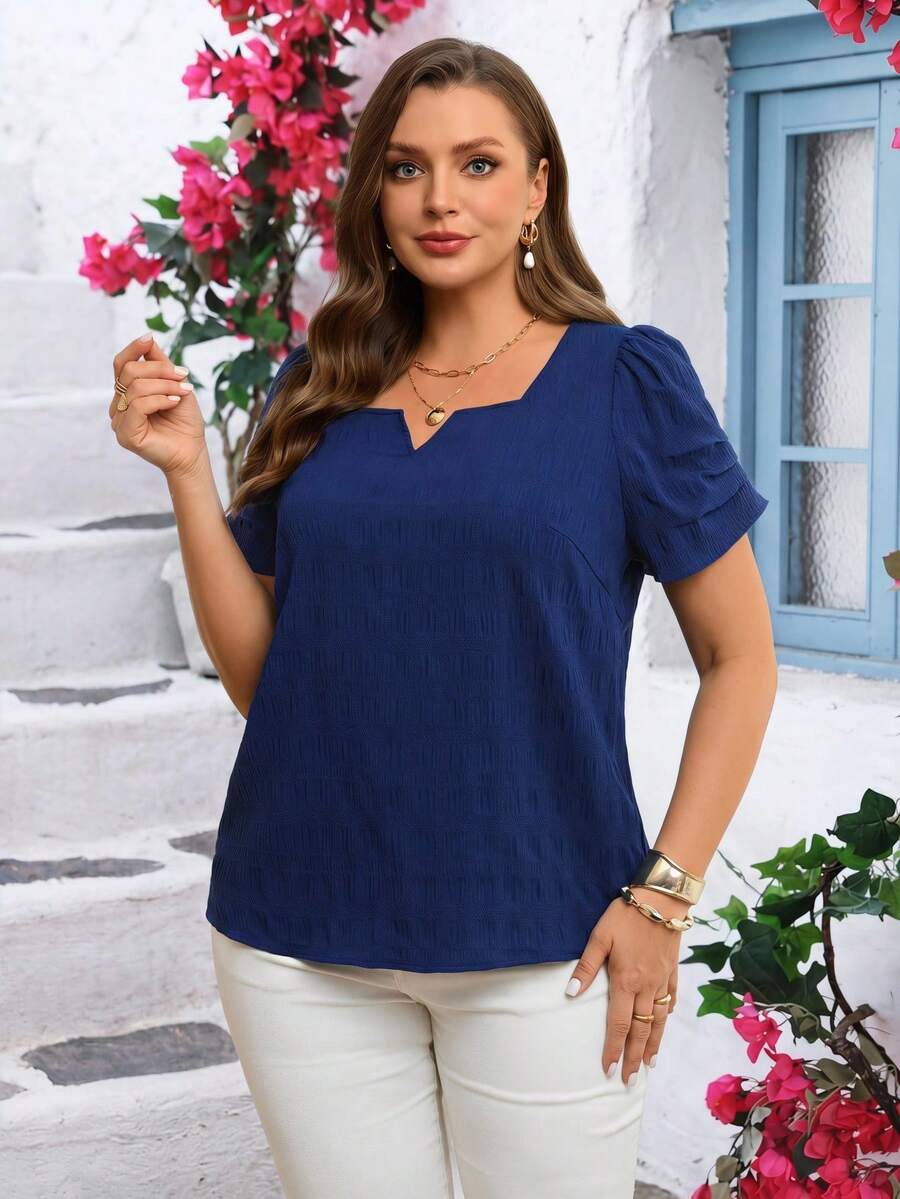 Miaspire Blusa de tela texturizada de unicolor minimalista para vacaciones de verano para mujer de talla grande con cuello de ojo de cerradura y mangas con volantes - Azul - Ver 1