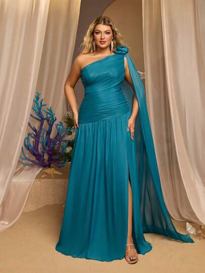 Glamrae Plus Size Elegant, Romantic, Fashionable Green Satin & Organza Asymmetric Ruffle Trim Front Slit Formal Party Dress, Wedding Guest Dress, Fashionable Elegant Wedding Guest Gown, Formal Evening Dress