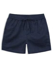 Manfinity KASUA Pantalones cortos de playa casuales de unicolor con cordón y bolsillos para hombres, vacaciones - Azul Marino - Ver 3