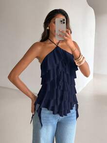 Aloruh Áo nữ thanh lịch, lãng mạn, cổ buộc dây, xếp lớp, viền bèo nhún, màu xanh navy, thích hợp cho kỳ nghỉ hoặc hẹn hò. - Màu xanh hải quân - Xem 7