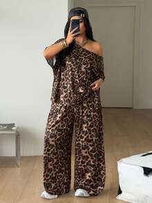 Coolane 女士大码春夏简约街头风日常休闲运动舒适露肩T恤和阔腿运动裤两件套 - 棕色 - 查看 2