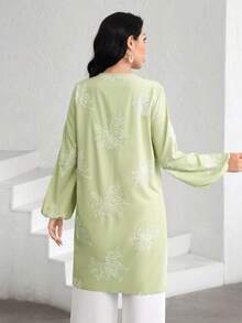 Graceveil Elegant Women's Loose Fit Round Neck Embroidered Long Sleeve Casual Vacation Blouse - Green - View 8