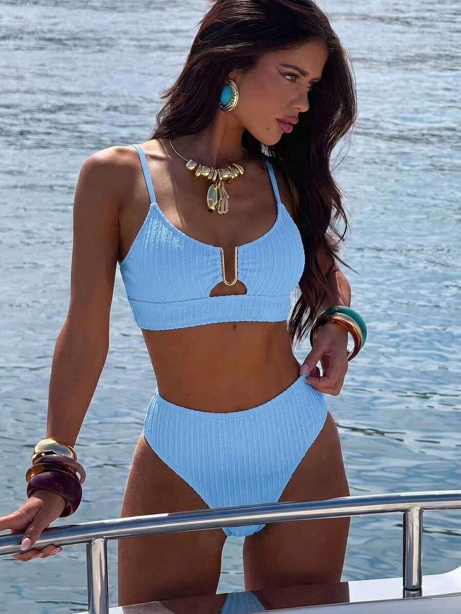 Swim Lushoire Conjunto de tankini elegante de 2 piezas para mujer con decoración de hebilla en forma de U y tirantes finos calados, para verano, atuendo de playa, vacaciones, atuendo de playa casual para mujer, traje de baño bikini de 2 piezas para mujer, traje de baño para mujer - Azul - Ver 1