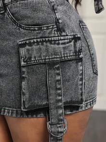 BamGleam Chân váy ngắn denim thời trang thường ngày dành cho nữ - Xám - Xem 7
