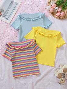 Genkimix Kids 3件装女童荷叶边领短袖T恤，彩色条纹/浅紫色/粉色纯色三种可选，荷叶边领设计甜美吸睛，适合日常休闲穿着、春夏郊游、露营、度假、返校等场合。 - 彩色 - 查看 2
