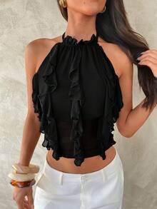 Aloruh New Sexy Backless Lace-Up Design Crop Top, Purple Elegant Multi-Tier Ruffle Decor Halter Backless Vest, Spring/Summer,Summer Top - Black - View 8