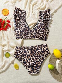 SHEIN Swim 女士豹纹荷叶边性感分体比基尼泳装套装，夏季海滩 - 彩色 - 查看 4
