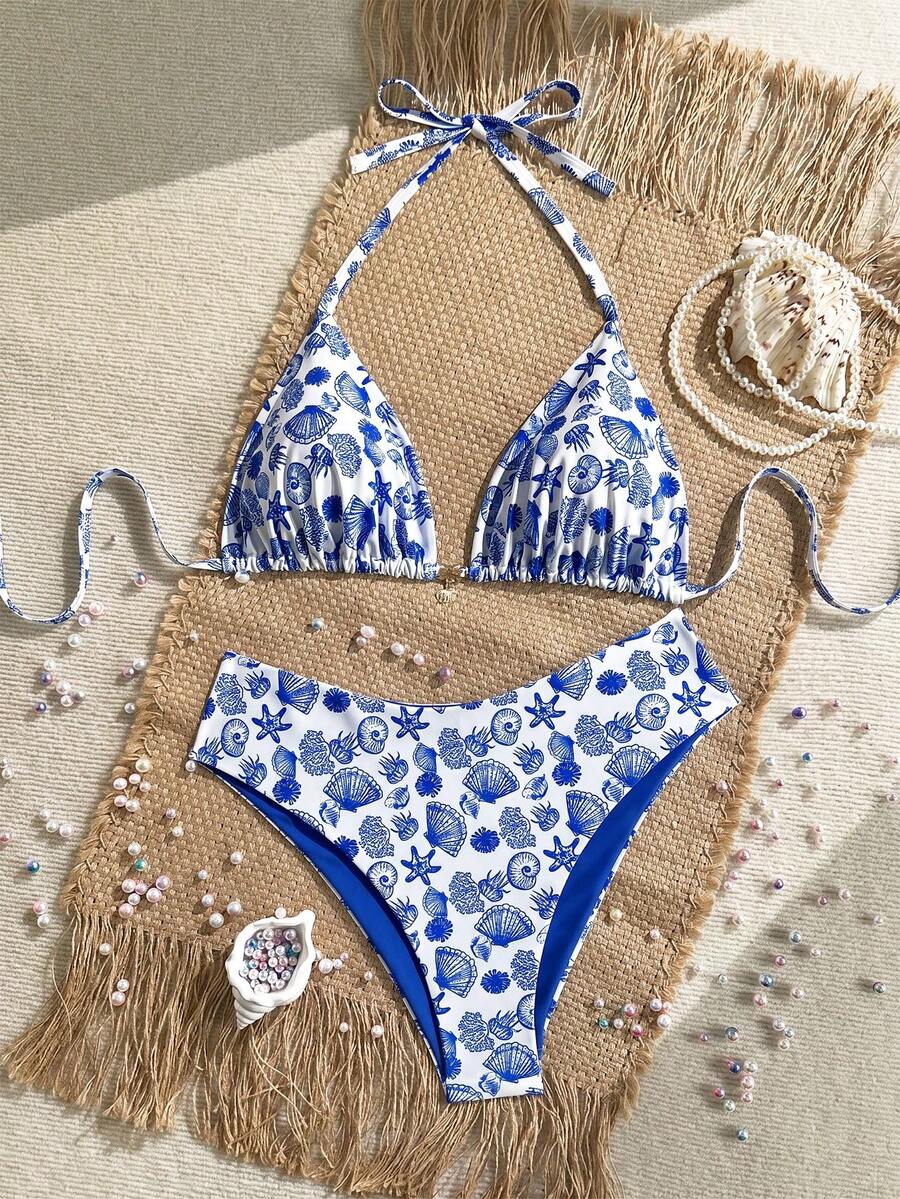 Swim Mod Bộ bikini cỡ lớn dành cho nữ, in hình vỏ sò, kiểu dáng ngọt ngào, thích hợp cho kỳ nghỉ biển. - Xanh đậm - Xem 1