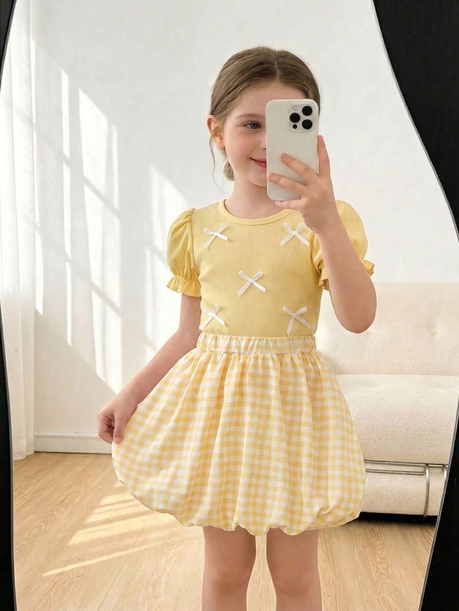 Elladie kids 夏季新款欧美时尚优雅女童套装,白色蝴蝶结装饰粉色圆领泡泡袖T恤+粉白格子泡泡裙,适合日常、通勤、上学等场合穿着。 - 黃色 - 查看 1