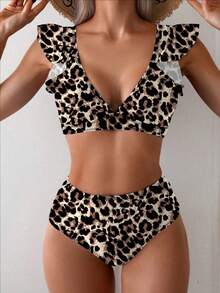 SHEIN Swim 女士豹纹荷叶边性感分体比基尼泳装套装，夏季海滩 - 彩色 - 查看 5