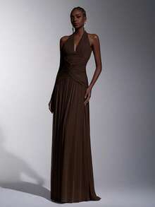 Elitara Elegant, , Fashionable Elastic Mesh Halter Neck Ruched Decor A-Line Dress, Party Wedding Guest Orange Color, And Graceful Bridesmaid - Coffee Brown - View 5
