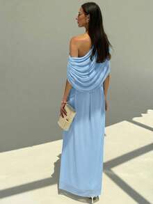 Aloruh Draped Shoulder Ruffle Decor Slim Fit Extra Long Flowy Maxi Dress,Light Blue Summer Elegant Vacation Wedding Guest Cocktail Holiday Party Lightweight - Baby Blue - View 4