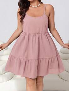 Solflare Plus Size Women's Lotus Pink Ruffle Hem Spaghetti Strap Spring/Summer Dress - Dusty Pink - View 3