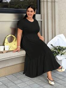 SHEIN EZwear 大码女式薄纱短袖纯色口袋休闲连衣裙 - 黑色 - 查看 5
