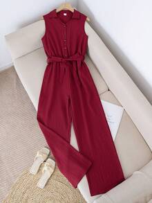 Bộ jumpsuit không tay dáng denim, cổ bẻ, cạp chun, thích hợp cho kỳ nghỉ biển của tuổi teen. - Đỏ - Xem 3