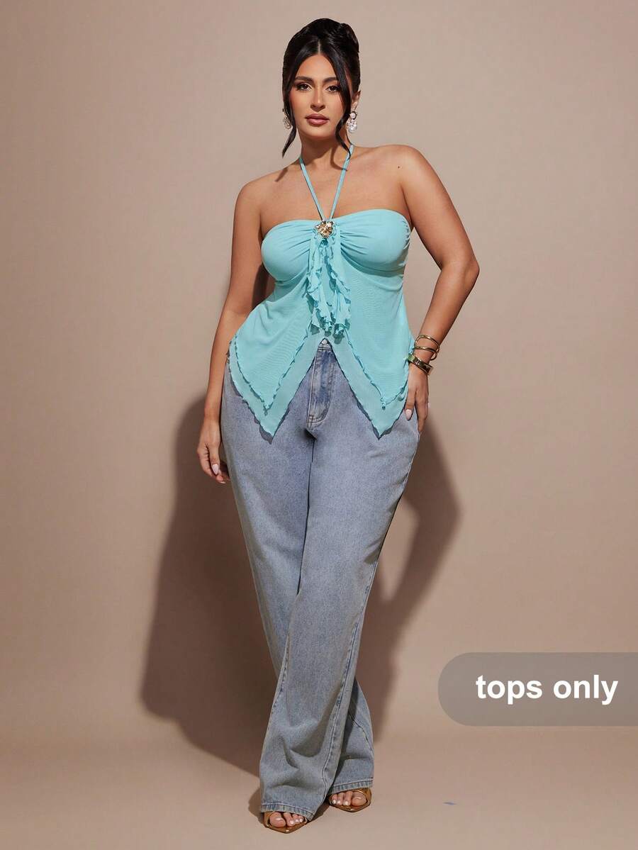 SHEIN BAE 大码女式蓝色荷叶边不对称吊带背心，春夏款 - 藍色 - 查看 1