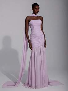 Elegant Minimalist Chiffon Halter Neck Dress (Detachable Sequins), Pleated Bust, Mesh Fishtail Hem, Suitable For Dates, Vacations, Weddings, Bridesmaid Events - Mauve Purple - View 7