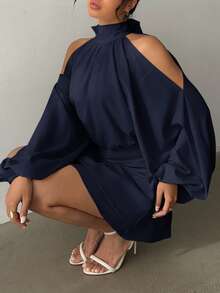 Aloruh Women's New Arrival Solid Color Long Sleeve Mini Dress, Lantern Design A-Line Party Night Out Date Afternoon Tea Autumn/Winter Navy Blue Elegant - Navy Blue - View 7