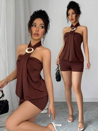 SHEIN Raffinéa Women's Y2K Sexy Vacation Style Coffee Brown Front-Fastening Metal Button Decor Mini Bodycon Jumpsuit, Spring/Summer