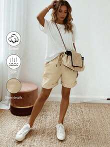 SHEIN Holidaya Quần short nữ mùa hè mới, chất liệu cotton lanh, kiểu dáng thường ngày, có dây rút và gấu quần xắn lên, kết hợp với thiết kế cạp chun có dây rút và chi tiết gấu quần xắn lên, mang đến vẻ ngoài thoải mái nhưng vẫn thanh lịch, phù hợp cho những buổi đi chơi hàng ngày, kỳ nghỉ hoặc những dịp thường nhật nhẹ nhàng. Đây là một món đồ đa năng trong dòng quần short thường ngày có dây rút, quần dài màu kaki thanh lịch và quần ống rộng ôm dáng. - Màu be - Xem 4