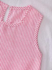 Tween Girls' Spring/Summer Vacation Nordic Casual Everyday Commute Round Neck Sleeveless Ruffle Hem Doll Dress, Striped Woven Linen Dress - Pink - View 5