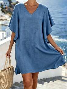 GlowEve CURVE Women's Plus-Size Dark Blue Loose-Fitting Straight-Cut Dress,Summer Casual Beach Holiday V-Neck Ruffled Puff Sleeves Simple Versatile Resort Look - Blue - View 6