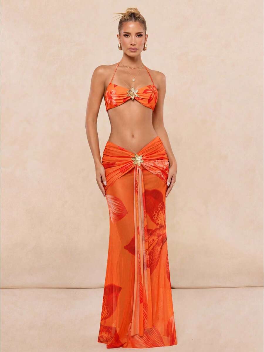 Lumalex Falda larga estampada con flores y accesorios de metal con diseño de sirena, adecuada para playa y resort con bikini