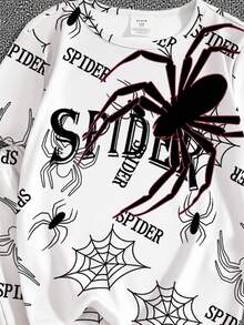 1 Set Pijama de Moda Casual Minimalista para Adolescentes Varones con Estampado de Araña y Letras, Cuello Redondo, Manga Corta y Pantalón Corto de Tela Elástica - Negro - Ver 6