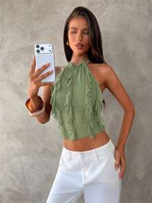 Aloruh New Sexy Backless Lace-Up Design Crop Top, Elegant Purple Layered Ruffle Decor Halter Backless Vest, Summer,Summer Top - Olive Green - View 5