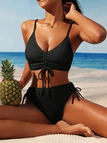 SHEIN Swim Ladies Fashionable Solid Color Versatile Bikini Set For Summer Beach - Black - View 1