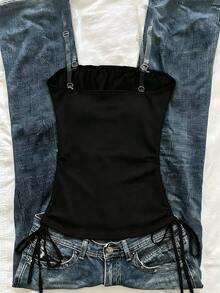 Tween Girls' Casual Solid Color Side Drawstring Tube Top, Summer - Black - View 2