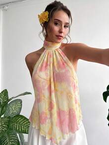 Aloruh Blouse à col ras-du-cou froncée à imprimé floral, style vacances pour femmes - Jaune clair - Voir 9