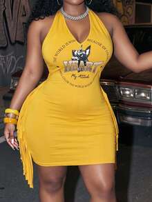 Slaydiva Yellow Summer Kawaii Rave Plus Size Mini Bodycon Dress,Y2K Street Style Sleeveless Halter Tie-Knot Side Tassel Chest Logo Print Knit Fabric - Yellow - View 8