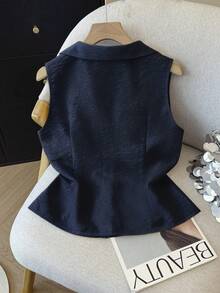SHEIN Franclia 女士春夏休闲 Polo 衫，刺绣领无袖白色衬衫 - 藏蓝色 - 查看 2