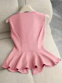 GlowEve Nueva camiseta de tirantes sin mangas con cuello en V y diseño de hebilla metálica minimalista y elegante que estiliza la cintura, para mujer, de verano - Rosa - Ver 2