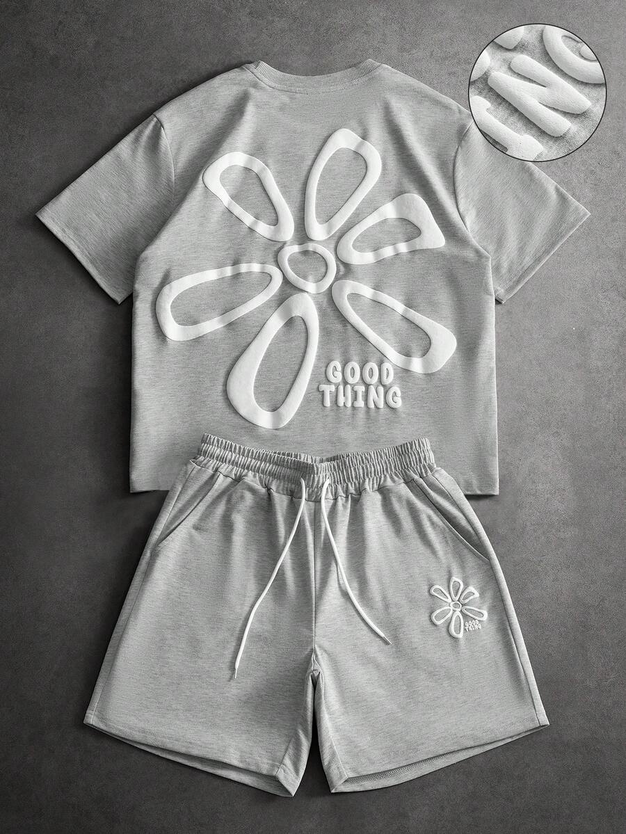 PAVTROS Conjunto de camiseta y pantalones cortos con estampado floral para hombre - Gris - Ver 1