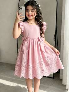 Elladie kids Đầm công chúa màu hồng khoét rỗng cho bé gái, cổ vuông, tay ngắn, eo thắt nơ trang trí, thích hợp cho đi chơi thường ngày, dự tiệc sinh nhật, đi học. - Hồng - Xem 3