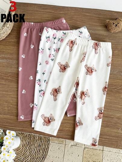 SHEIN Bộ 3 món quần legging co giãn màu trơn dễ phối đồ cho bé gái, quần dài, quần bó, quần đùi cho trẻ sơ sinh, bộ 3 món, quần legging nhung kẻ dệt kim cho bé gái, thích hợp cho mùa xuân, hè, thu, đông.