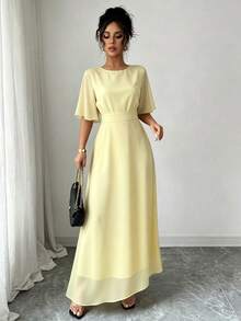 Modelyn Đầm maxi chiffon dáng suông, cổ tròn, tay bồng, bèo nhún, thanh lịch dành cho nữ, thích hợp cho mùa xuân/hè. - Màu vàng ngỗng - Xem 6