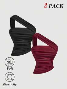 SHEIN MOD 2件套/不对称肩部/不对称褶皱酒红色吊带衫 - 紅色和黑色 - 查看 4