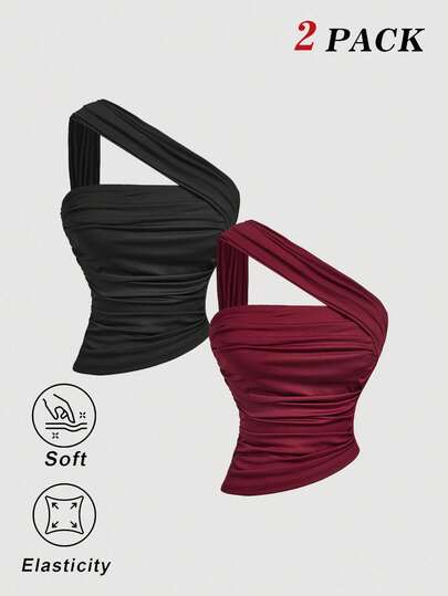 SHEIN MOD Bộ 2 món: Áo hai dây, màu đỏ rượu vang, vai lệch/xếp ly lệch, và áo hai dây.