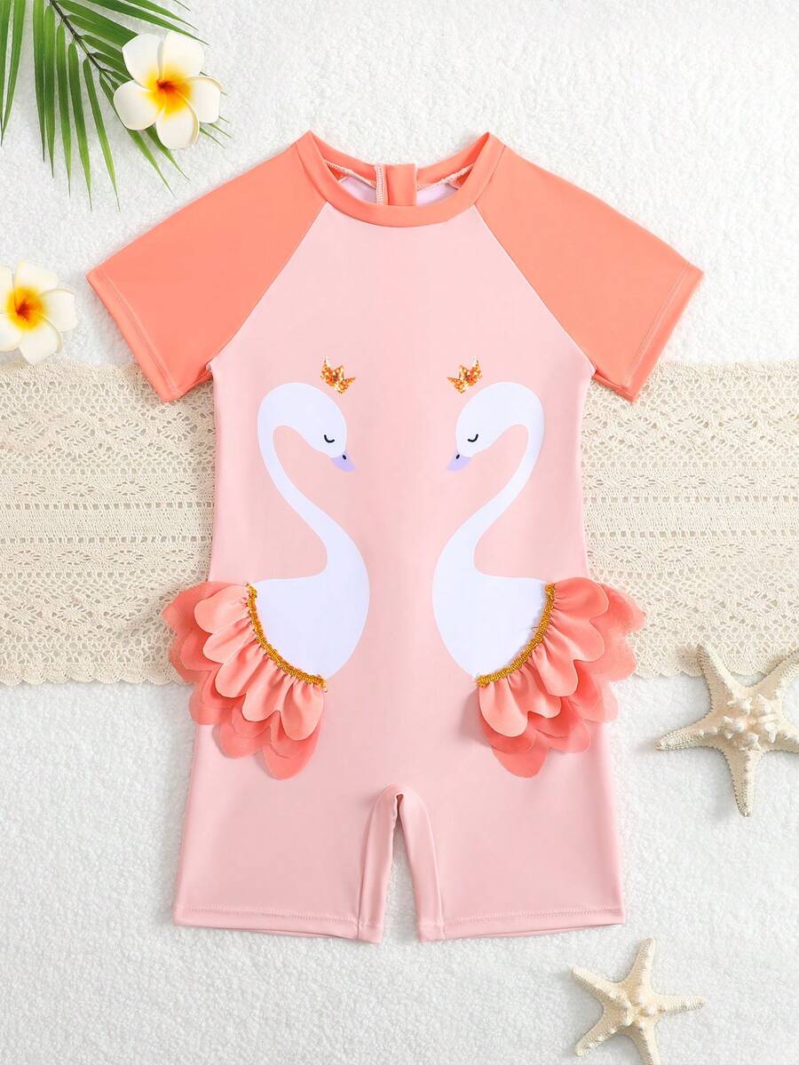 SHEIN 1件装女童天鹅图案弹力速干舒适针织连体泳衣,适合海滩、泳池、冲浪、度假、夏季旅行 - 粉色 - 查看 1