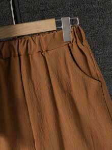 SHEIN Tween Boy's 2-Piece Summer Outfit Set, Brown Textured Linen-Look Short Sleeve Button Down Shirt And Casual Shorts, Kids Vacation Holiday 8-12 Years - Mocha Brown - View 4