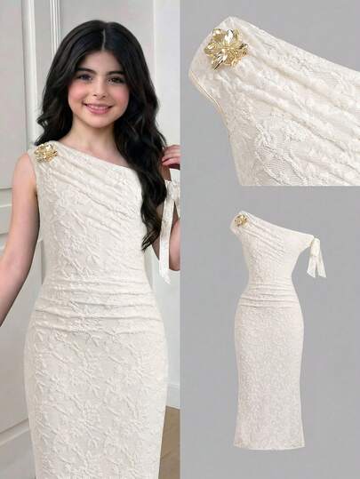 SHEIN Tween Girl Casual Elegant Asymmetrical Shoulder Ruched Waist Bodycon Maxi Lace Dress, Suitable For Halloween Party, Back To School Outfit, Gatherings, Apricot Color