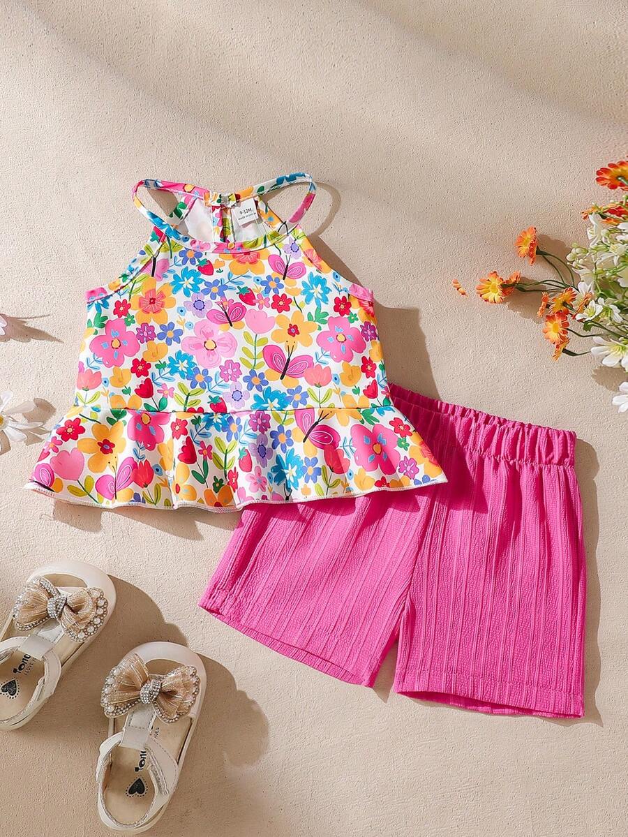 SHEIN Conjunto de 2 peças para bebê menina (0-3 anos) - Primavera/Verão - Cores vibrantes - Top sem mangas + shorts - Ideal para férias. Roupa infantil para primavera/verão.
