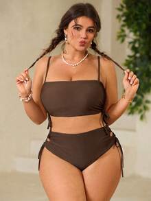 Swim Mod Plus Size Women's Solid Color Lace-Up Two Pieces Swimwear Set - Mocha Brown - View 6