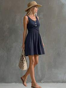 LUMIGAL Women's Dress, Women's Cotton Dress, Women's New Spring/Summer Dress, Women's Summer Outfit, Women's Solid Color Dress, Women's Fitted Dress, Women's Casual Dress, Women's Short Dress, Women's Flared Dress, Women's A-Line Dress, Women's Criss-Cross Design Dress, Women's Camisole Dress, Suitable For Home, Outing, Casual, Fashion Round Neck Dress - Navy Blue - View 3