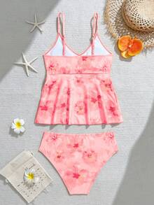 SHEIN Teen Girl Floral Print Ruffle Cami Tankini Top And Triangle Bottoms Swimwear Set, Suitable For Summer Vacation And Beach - Pink - View 2
